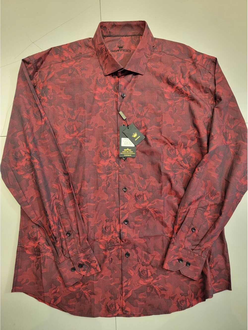 Vintage Bertigo Mens Button Down Red Dress Floral Shirt Long Sleeve Size 2XL